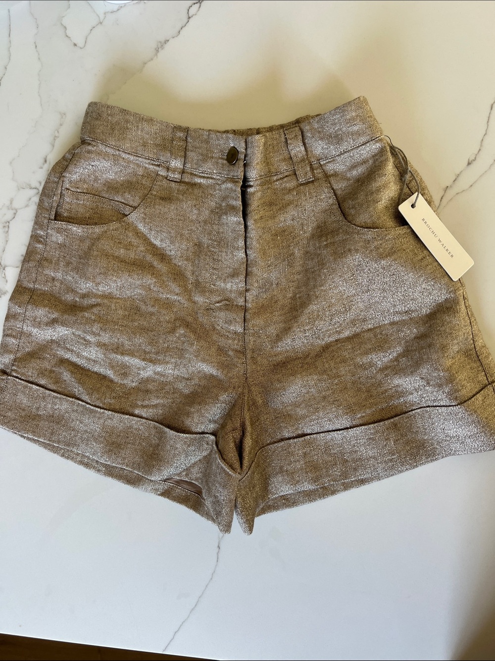Brochu Walker The Pippa Cuffed Short Gold Metallic Linen Blend Size XS NWT - Picture 3 of 10